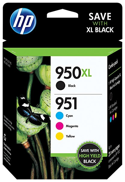 HP 950XL Black High Yield Original Ink Cartridge & 951 Cyan, Magenta & Yellow Original Ink Cartridges, 4-Pack (C2P01FN)