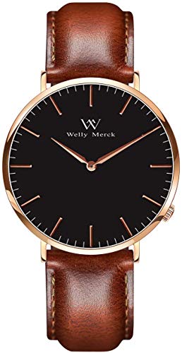 Welly Merck Leather Watch Men Minimalistic Watch Luxury Design Swiss Movement Sapphire Crystal Stainless Steel Analog Wrist Watch with Interchangeable Strap