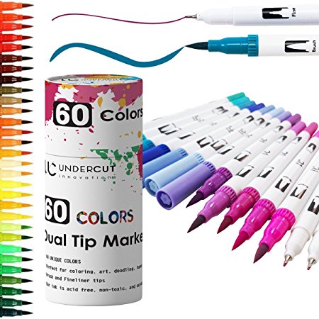 Dual Tip Brush Marker Pens - 60 Colors   Custom Case - Professional Artist Set For Adult Coloring Books, Sketching, and More! [Non-Toxic & Odorless Watercolor]