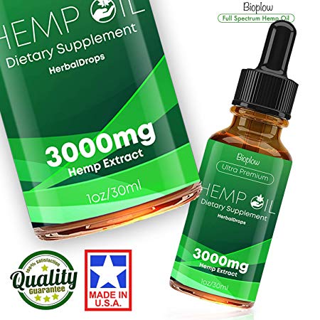 Hemp Oil Drops, 3000mg, Full Spectrum, 100% Organic, Reduces Pain, Anxiety and Stress, Helps with Sleep, Mood, Skin and Hair