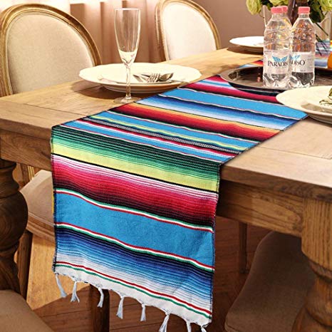 OurWarm Mexican Table Runner Handwoven Fringe Cotton Serape Blanket Table Runners, Colorful Mexican Stripe Table Runner for Mexican Party Decorations Fiesta Party Supplies, 14in x 84in
