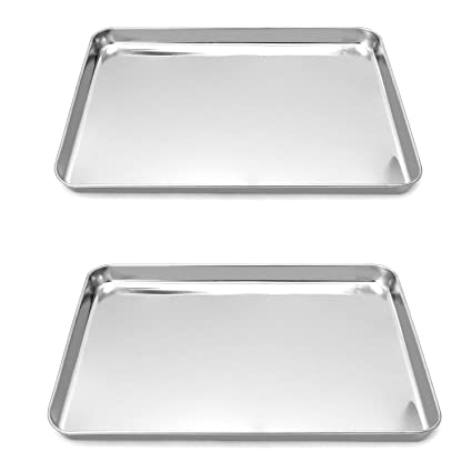 QWORK Surgical Tray, 2 Pack, Stainless Steel Flat Bottom Tray, for Medical Instruments, Tattoo, Surgical Supplies, 15-3/4 x 11-13/16 x 1"