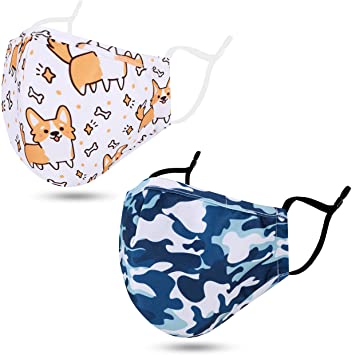 Multi Pack Adjustable Child Children Face Madks with Nose Wire and Ear Loops, Fashion 2 Ply Kids Face Madks Reusable Washable Breathable, 2-7T, Dog/Camo Blue