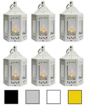 6pc Mini White Candle Lanterns with Flickering LED Tea Light Candle, Batteries Included