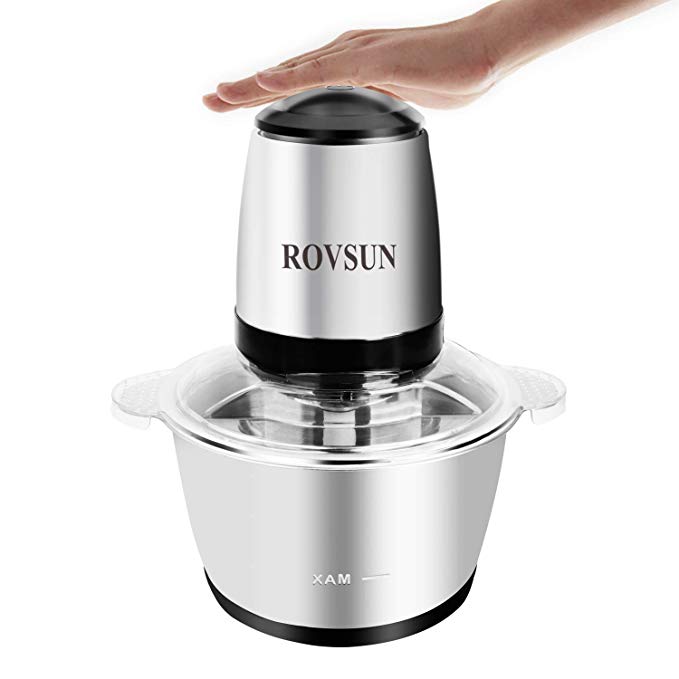 ROVSUN 8 Cup Food Processor Electric Mini Chopper 2L Stainless Steel Bowl, One Touch Multipurpose Kitchen Onion Fruit Vegetable Mincer,300W Blender Slicer Dicer with 4 Blades (Silver)