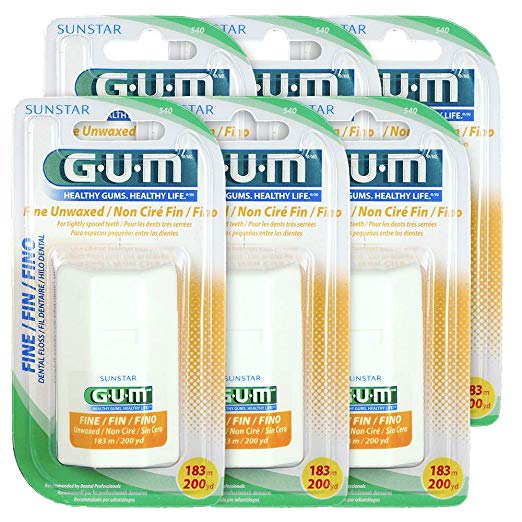 GUM Fine Unwaxed Dental Floss, Unflavored, 200 Yards (Pack of 6)