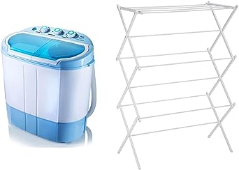 Pyle XPB20-288S PYRPUCWM22 Compact & Portable Washer & Dryer, 0, White and Amazon Basics Foldable Laundry Rack for Air Drying Clothing - 41.8" x 29.5" x 14.5", White