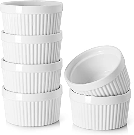 DOWAN 8 Oz Porcelain Ramekins - Souffle Dish Ramekins for Creme Brulee Pudding Oven Safe, Classic Style Ramekins Bowls for Baking, Set of 6, White