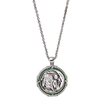 Buffalo Nickel Coin Pendant Necklace with Green Enamel | Silvertone 24” Rope Chain for Men and Women | Lobster Claw Clasp | Jewelry for Collectors | Elegant Gift Box Included