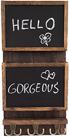Rustic 2-Slot Mail Sorter Organizer for Wall with Chalkboard Surface & 3 Double Key Hooks - Wooden Wall Mount Mail Holder Organizer – Wall Décor for Entryway made of Paulownia Wood - Rustic Brown