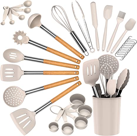 AHNR 33 Pcs Silicone Cooking Utensils Set, 446°F Heat Resistant Kitchen Utensils, Spatula, Spoon, BPA Free Wooden Handle Silicone Kitchen Gadgets Utensil Set with Holder for Non-Stick Cookware Khaki