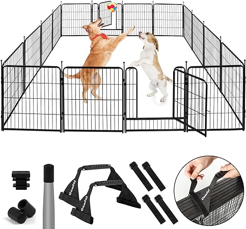 ComSaf Dog Playpen Outdoor, 32" Height 16 Panels Metal Dog Fence with Two Easy-Carry Straps,Playpen for Large/Medium/Small Dogs, Portable Pet Puppy Playpen for Outdoor, Indoor, RV, Camping, Yard