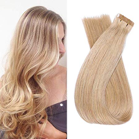 20" Golden Blonde Tape in Extensions Human Hair 50grams/20pcs Silky Straight Seamless Invisible Tape ins Remy Hair, 3 Lengths for Layered Look, 16