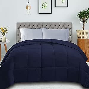 SUPERIOR Classic All-Season Reversible Comforter, Comfy, Fluffy, Cozy, Lightweight, Decorative, Duvet Insert, Plush, Oversized Bedding Essential, Box Quilt Design, 4 Corner Loops, Twin XL, Navy Blue