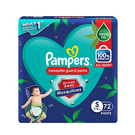 Pampers Mosquito Guard Pants – Small size baby diapers (S), 72 Count, India’s 1st Mosquito guard diapers, Contains Natural neem oil