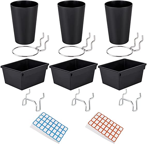 DanziX 6 Sets Pegboard Bins Pegboard Cups with Hooks, Black Cups and Square Box with Ring and Metal Rack for Store Various Tools and Two-Color Stickers