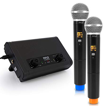 Compact UHF Wireless Microphone System - Pro Portable Dual Channel Desktop Digital Mic Receiver Set w/ 2 Handheld Mic, Receiver Base, USB Cable, Battery, for Home, PA, Karaoke, DJ - Pyle PDWM2850