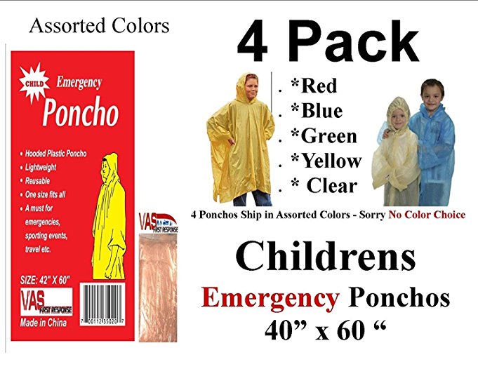 4 VAS Childrens 40" X 60" Emergency Child / Kid Rain Poncho - Assorted Colors