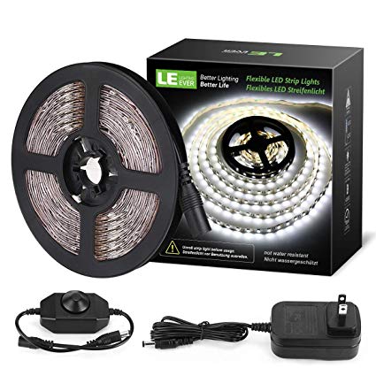 LE LED Strip Lights, 16.4ft 12V Dimmable Strip Lights, 6000K Daylight White, 300 Units 2835SMD LED Tape Light for Home, Kitchen, Bedroom, Car and More, Non Waterproof, Power Adapter Included