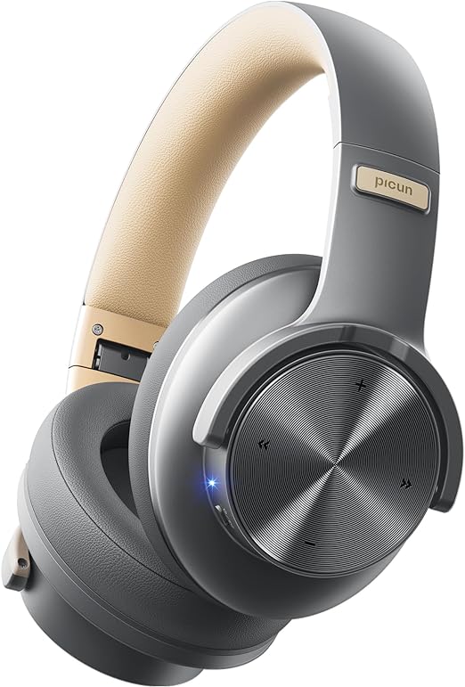 Picun B8 Bluetooth Headphones, 120H Playtime Headphones Wireless Bluetooth with 3 EQ Modes, Low Latency, Hands-Free Calls, Over Ear Headphones for Travel Home Office Cellphone PC (Grey&Gold)