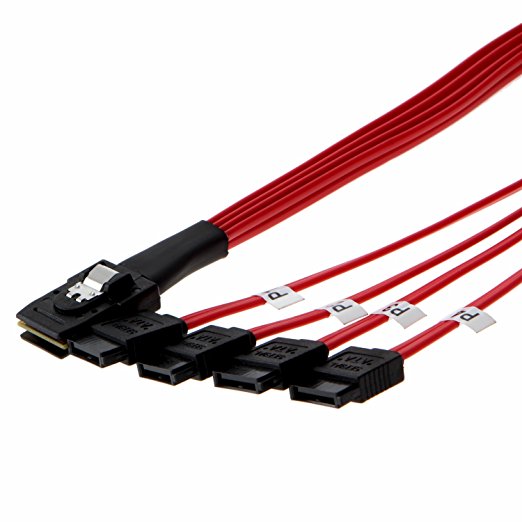 CableCreation Mini SAS 36Pin (SFF-8087) Male to 4 SATA 7Pin female Cable, Mini SAS Host/Controller to 4 SATA Target/Backplane, Red Color 0.5M