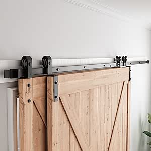 SMARTSTANDARD 11 Feet Bypass Sliding Barn Door Hardware Kit - for Double Wooden Doors-Single Track - Smoothly & Quietly - Easy to Install-Fit 120" Opening