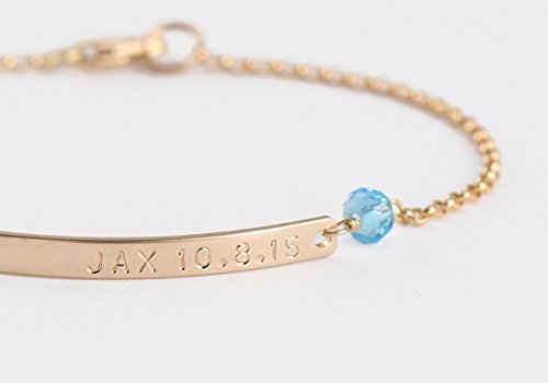 14k Gold Skinny Nameplate Bracelet with Diamond CZ or Gemstone Birthstone
