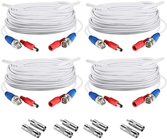 ZOSI 4 Pack 65ft / 20 Meters 2-in-1 Video Power CCTV Cable, bnc RCA seucrity Extend Cord for Home Security Surveillance Cameras DVR System, White