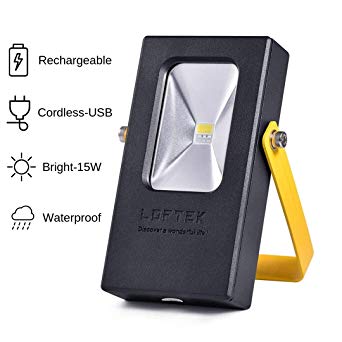 LED Rechargeable Work Light, LOFTEK Upgraded (15W 6000K) Portable Cordless Camping Floodlight, IP65 Waterproof & 2 Modes & USB Power Bank Function with Stand, Security Light for Job Site