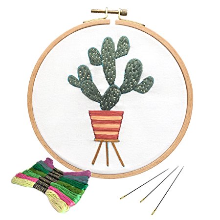 Unime Full Range of Embroidery Starter Kit with Partten, Cross Stitch Kit Including Embroidery Cloth with Color Pattern, Bamboo Embroidery Hoop, Color Threads, and Tools Kit (Dark Cactus)