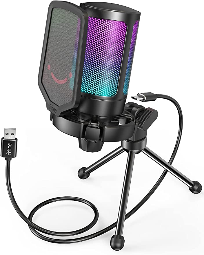 Gaming USB Microphone for PC PS5, FIFINE Condenser Mic with Quick Mute, RGB Indicator, Tripod Stand, Pop Filter, Shock Mount, Gain Control for Streaming Discord Twitch Podcasts Videos- AmpliGame