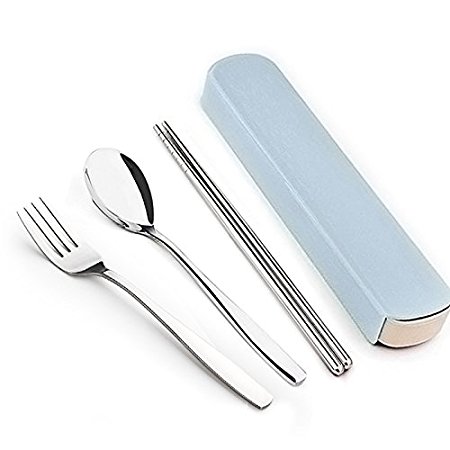 K-Steel 3PCS Portable Flatware Spoon Fork Chopsticks Tableware Set 304 Stainless Steel Dinnerware Silver with Travel Box - Blue