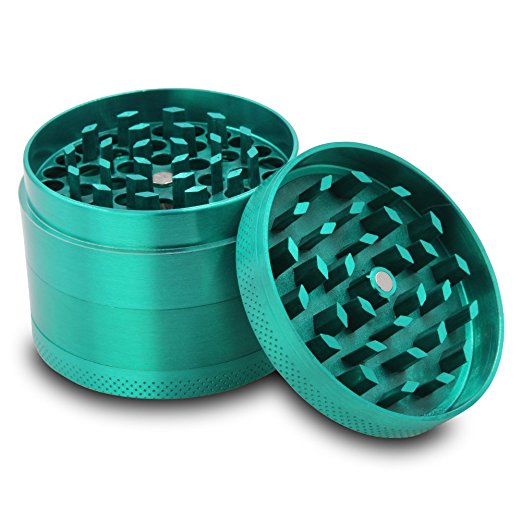 DCOU Zinc Alloy Tobacco Grinder / Spice Grinder / Herb Grinder / Weed Grinder with Magnetic Cover, Sifter and Pollen Scraper, 4 - Piece, 2.14" (Green)