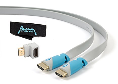 Aurum Flat Series - Flat HDMI Cable with Ethernet (3 FT) - Supports 3D & Audio Return Channel [Latest Version]   Right Angle Adapter and Velcro Cable Tie - 3 Feet