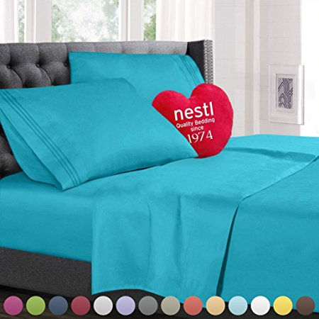 Bed Sheet Bedding Set, Twin Single Size, Beach Blue (Teal), 100% Soft Brushed Microfiber Fabric with Deep Pocket Fitted Sheet, 1800 Luxury Bedding Collection, Hypoallergenic & Wrinkle Free Bedroom Linen Set By Nestl Bedding