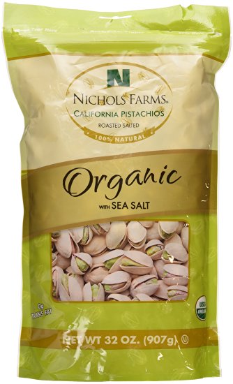 Nichols Farms California Pistachios Roasted Salted, Organic with Sea Salt, 32-ounce bag