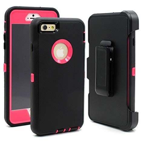 Hybrid Rubber Plastic Impact Defender Rugged Hard Case ,iPhone 6Plus /6S Plus 5.5 inch Protective Case, Screen Protector Built-in ,With Belt Clip Holster,Black/Pink