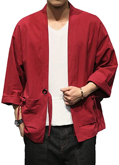 PRIJOUHE Men's Japanese Style Kimono Cardigan Jacket Cotton Blends Linen Seven Sleeves Solid Color Open Front Coat