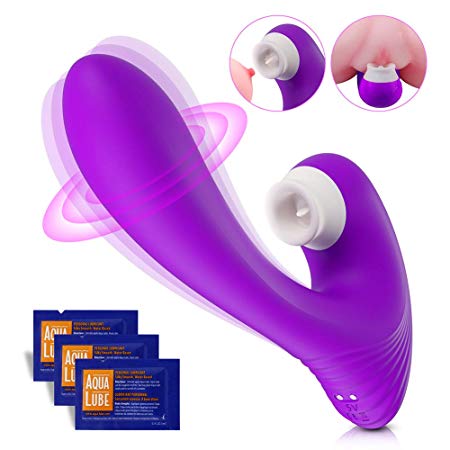 Clitoral Vibrator Sex Toy, 2 in 1 Clitoris G spot Stimulator Clitoral Licking Tongue Vibrator Clit Dildo with 10 Licking & 9 Vibrating Modes Waterproof Rechargeable for Women, Couples - Purple
