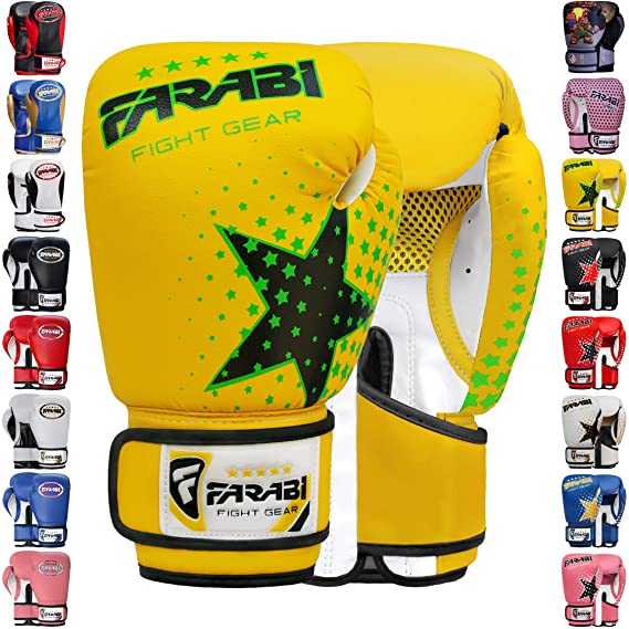 Farabi Boxing Gloves Kids Junior Muay Thai Kick Boxing Training MMA Punching Bag (Yellow Star, 6-oz)