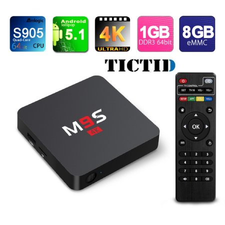 TICTID® M9S Android TV Box Amlogic S905 Chipset Emmc Android 5.1 Lollipop OS Quad Core 1G/8G 4K Google Kodi Fully Loaded Streaming Media Player with WiFi HDMI DLNA