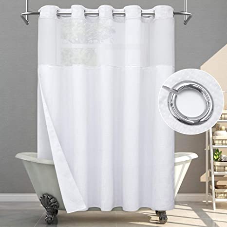 SUMGAR No Hook Shower Curtain with Snap in Liner, White Waffle Fabric Hotel Luxury Boho Modern Farmhouse Bathroom Double Layer Heavy Textured Washable Mesh Top Window Shower Curtains Set 71 x 74