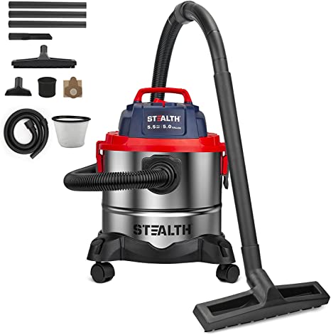 Stealth Wet Dry Vacuum, Portable 5 Gallon 5.5 Peak HP Stainless Steel Shop Vacuum Cleaner, Powerful Suction with Blower 3 in 1 Function Shop Vacs, Ideal for House, Garage, Basement, Workshop