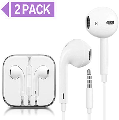 Earphones/Earbuds/Headphones Stereo Mic Remote Control Compatible with iPhone 6s/6 plus/6/5s/se/5c/iPad iPod (White)(2Pack)