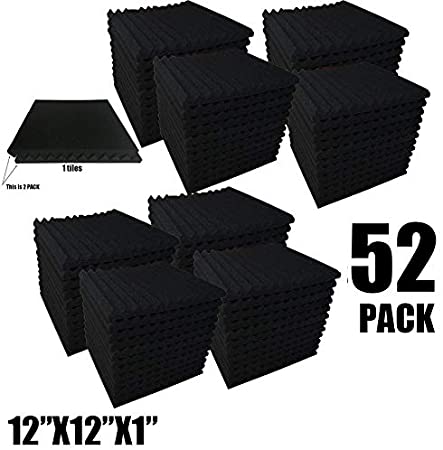 52 Pack 1" x 12" x 12" Black Acoustic Wedge Studio Foam Sound Absorption Wall Panels (black)