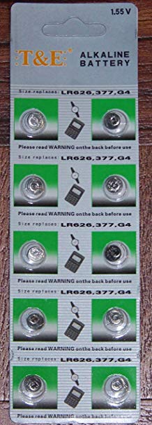 10 pack LR626 1.55V Alkaline Button Cell Batteries (also compatible with AG4, 177, 376, 377, 565, 377A, D377, G4, GA4, GP377, L626, LR66, SR626, SR626SW, SR66, and V377)