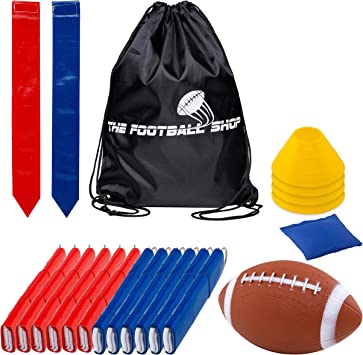 Flag Football Set for 12 Players - Includes Durable Flag Belts and Flags, Cones, Bean Bag, Carrying Backpack, and Football - Huge 55 Piece Complete Set
