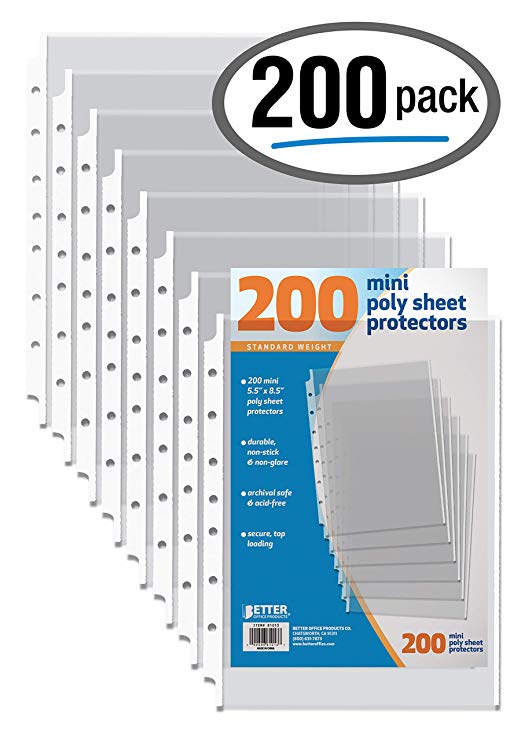 200 Count Mini Poly Sheet Protectors, Standard Weight, Diamond Clear, by Better Office Products, 5.5" x 8.5", 200 Pack