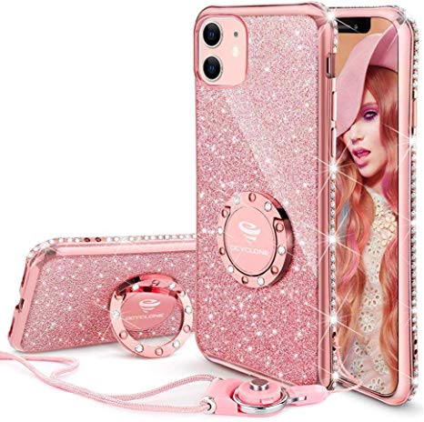 OCYCLONE Cute iPhone 11 Case, Glitter Luxury Bling Diamond Rhinestone Bumper with Ring Grip Kickstand Protective Thin Girly Pink iPhone 11 Case for Women Girl [6.1 inch] 2019 - Rose Gold Pink
