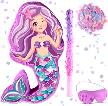 Mermaid Pinata Bundle Mermaid Party Supplies with Blindfold, Bat and Filler for Under the Sea Mermaid Theme Birthday Party Carnival Activity Decorations, 16 x 13 Inch